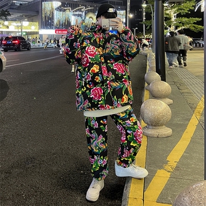 H203情侣东北大花风民族风特色牡丹大花棉袄加绒裤套装男女图片