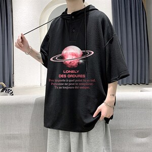 LD54184-P45 连帽短袖t恤男大码胖子带帽五分袖中袖 大皂风图片