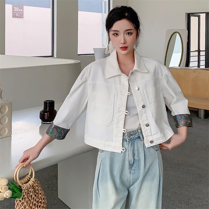 现货牛仔新中式风减龄网红B款宫廷/古典2024年春季,女装牛仔外套,美拉德工厂直营店