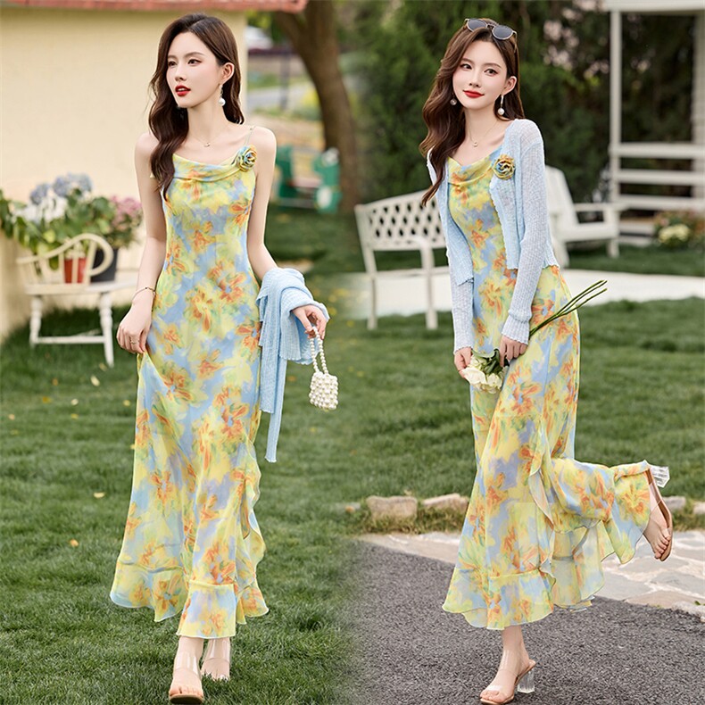 时尚潮流法式浪漫碎花吊带裙+冰丝针织开衫两件套,女装套装/套裙,鑫鑫美
