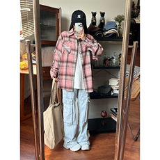 wassuphappy黄格长袖衬衫男款春秋季潮牌复古宽松衬衣服休闲外套，男装衬衫，电商A003
