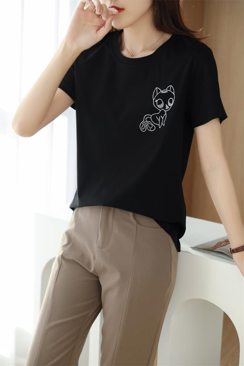 烫画小熊工艺高端丝光棉短袖圆领冰感上衣女显瘦休闲百搭基础款潮,女装T恤,元素羊绒
