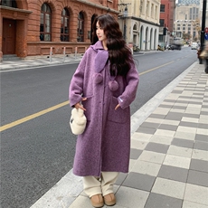 紫色双面羊绒大衣女2025冬季新款韩系超好看高级感围巾款毛呢外套，女装羊绒大衣，2C056