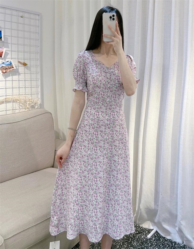 DINOBIENS【现货】韩版方领碎花连衣裙长裙，女装连衣裙，迪诺比亚