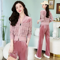 现货2023春装新品时尚两件套金丝绒蕾丝拼接套装，女装套装/套裙，依路服饰