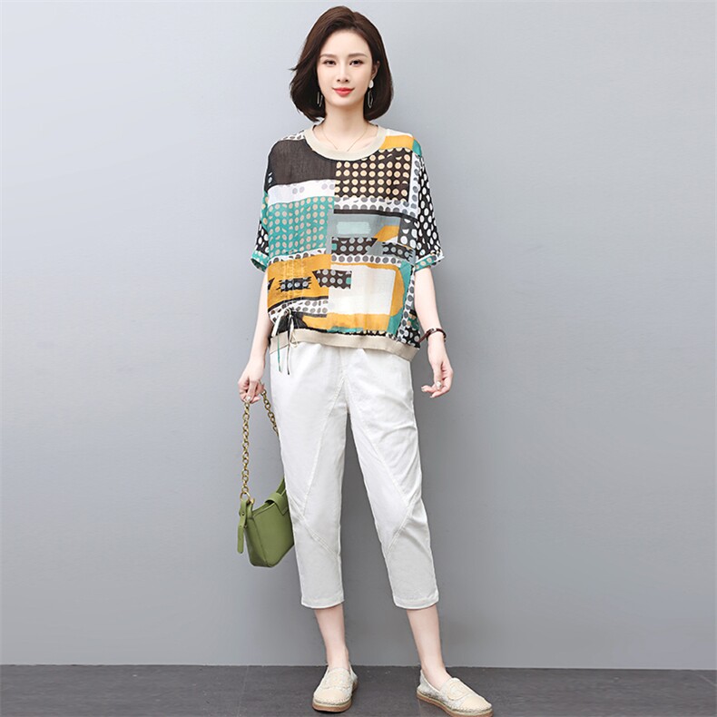 休闲套装女夏2023新款春秋时尚洋气时髦贵夫人妈妈棉麻职业两件套,女装套装/套裙,涵誉