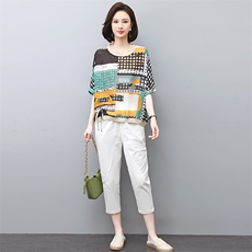 休闲套装女夏2023新款春秋时尚洋气时髦贵夫人妈妈棉麻职业两件套，女装套装/套裙，涵誉