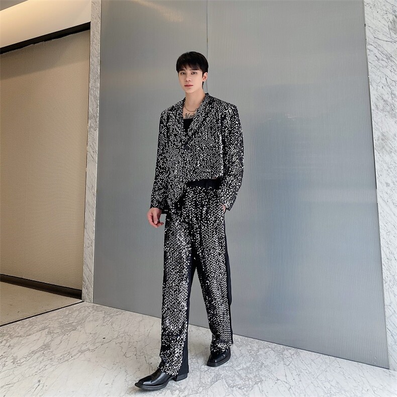 2024年春季亮片拼接宽松阔腿裤长裤男潮青春流行西服套装，男装西服套装，电商A345