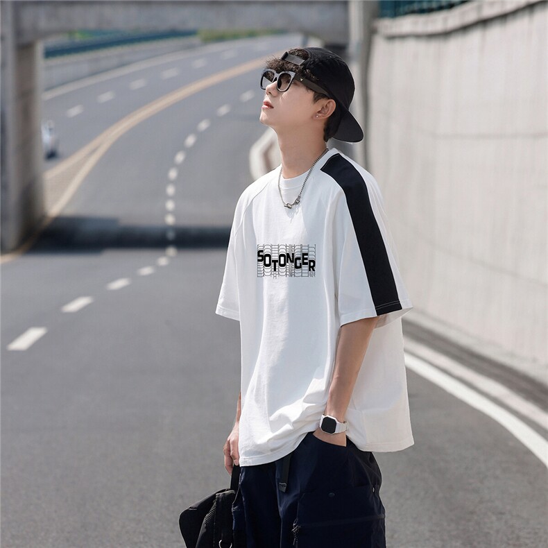 2025夏季新款创意字母印花休闲拼接港风T恤T1025/P35控49-棉,男装T恤,电商A148