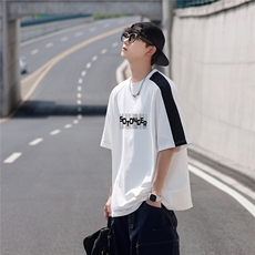 2025夏季新款创意字母印花休闲拼接港风T恤T1025/P35控49-棉，男装T恤，电商A148