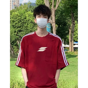 抖音得物高品质二开240克宽松纯棉美式潮牌三条杠织带短袖T恤图片