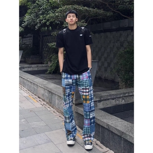 格纹毛边乞丐拼接印花裤修身潮牌造型男休闲裤潮流百搭弹力花裤子图片