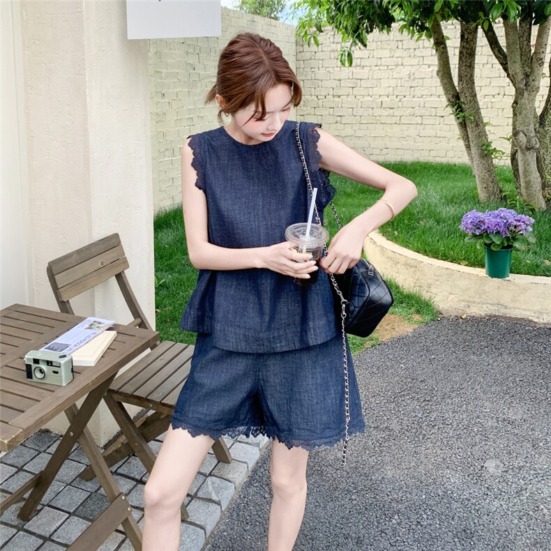 法式复古蕾丝花边牛仔背心短裤两件套女2025夏新款小个子显瘦套装,女装套装/套裙,2C159