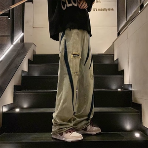 牛仔裤男秋季潮大码补丁休闲裤子高街C896P48图片