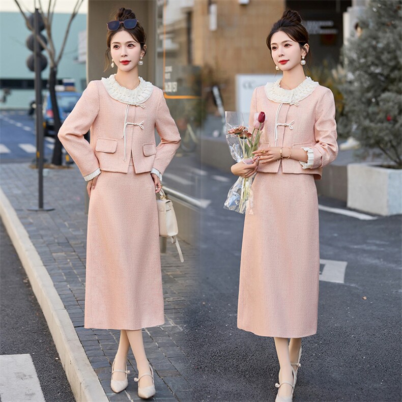 春季2024年新款蕾丝拼接中式名族风盘扣小香风套装裙女两件套长裙，女装套装/套裙，依如秀(原杭风阁)