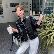 黑色pu皮衣春秋季新款女装正肩小翻领机车显瘦气质短外套韩版时尚，女装短外套，意芙
