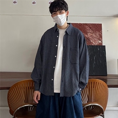 秋冬美式复古撞色小格子衬衫休闲宽松百搭情侣翻领衬衣长袖，男装衬衫，星座506A