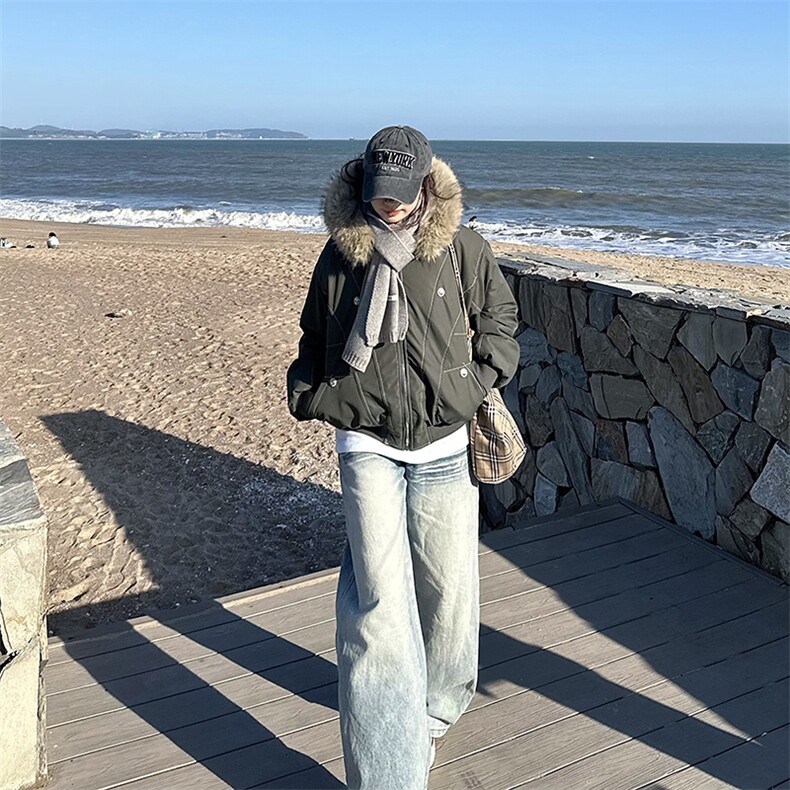 现货重磅boxy短款棉衣座山雕大毛毛领男女棉服水洗工装厚外套,男装棉衣,电商A486