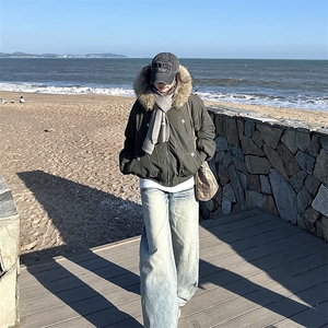 现货重磅boxy短款棉衣座山雕大毛毛领男女棉服水洗工装厚外套图片