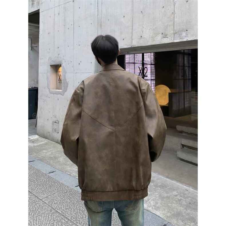MA650-P80美式复古扎染棕色做旧皮衣外套潮牌痞帅翻领夹克上衣,男装皮衣,星座1611A