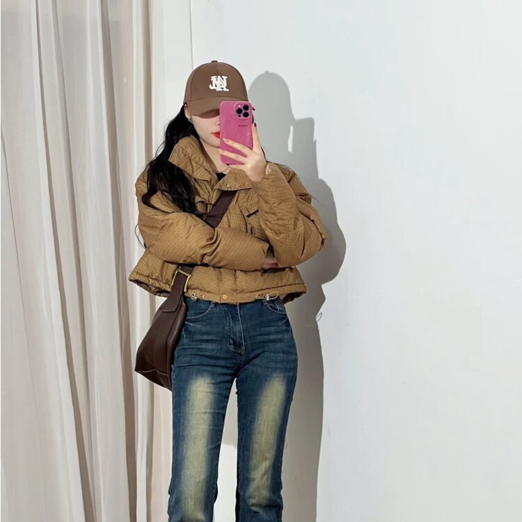 棕咖色短款羽绒服女2025冬季韩版小个子立领加厚格纹面包服外套,男装羽绒服,星座218-8