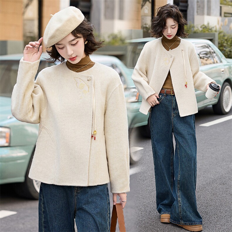 2024秋冬新款气质百搭双面呢外套新中式羊绒上衣，女装双面呢大衣，半夏