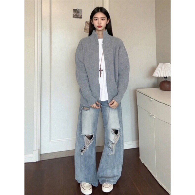 重磅秋冬北极绒双拉链毛衣开衫美式复古休闲慵懒风宽松针织衫外套,男装针织衫/毛衣,电商A486