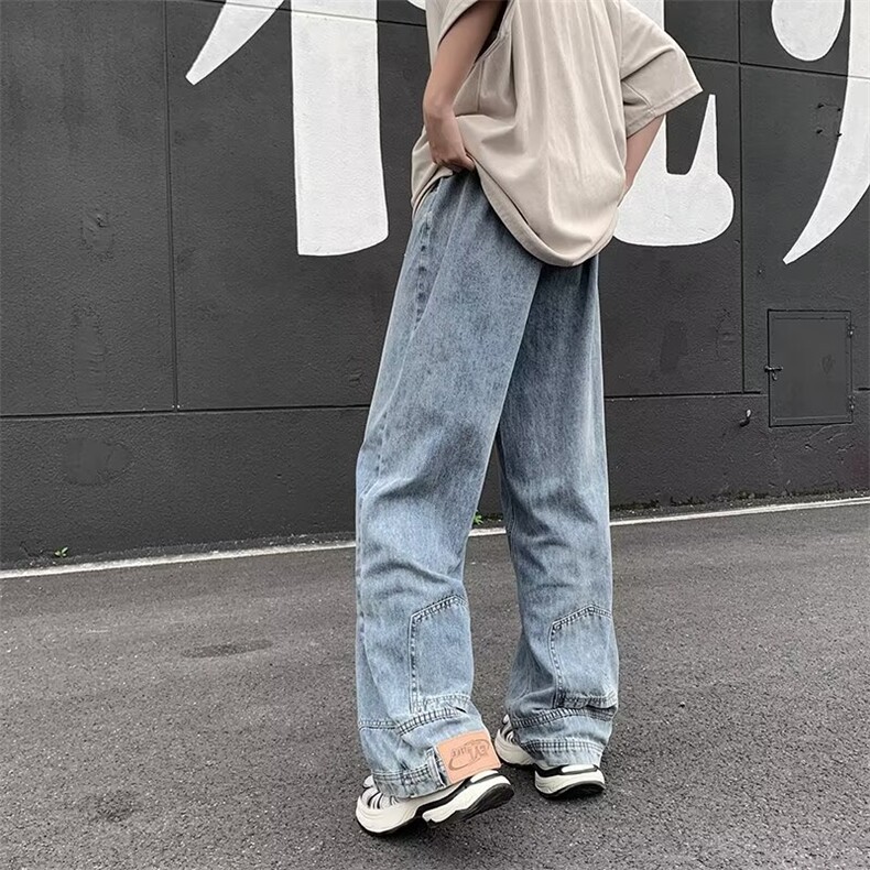 水洗做旧牛仔裤脚口设计男大裤脚宽松直筒阔腿拖地长裤子N1091,男装牛仔裤,星座1116A-1（原606A）