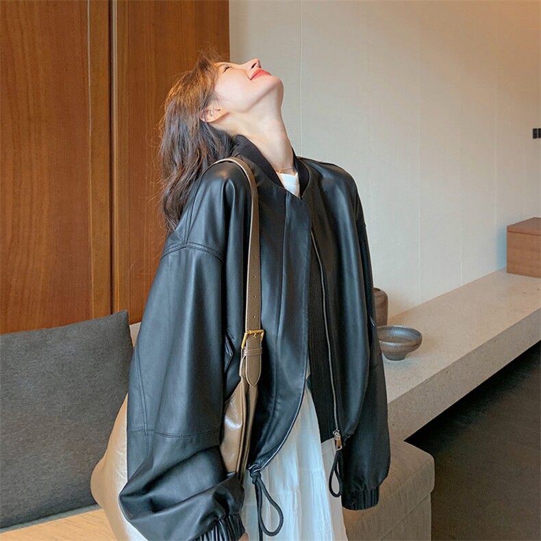 黑色高级感皮衣外套女2025春季新款美式复古宽松休闲小个子机车服,女装皮草,诺蝶