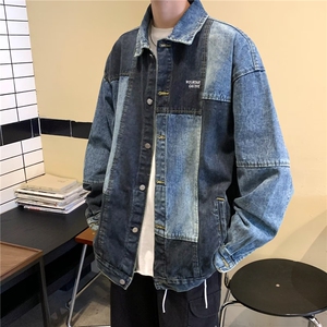 美式复古牛仔外套男春秋季港风宽松工装上衣潮牌ins水洗重磅夹克,长款卡其色皮衣外套怎么搭配好看图片