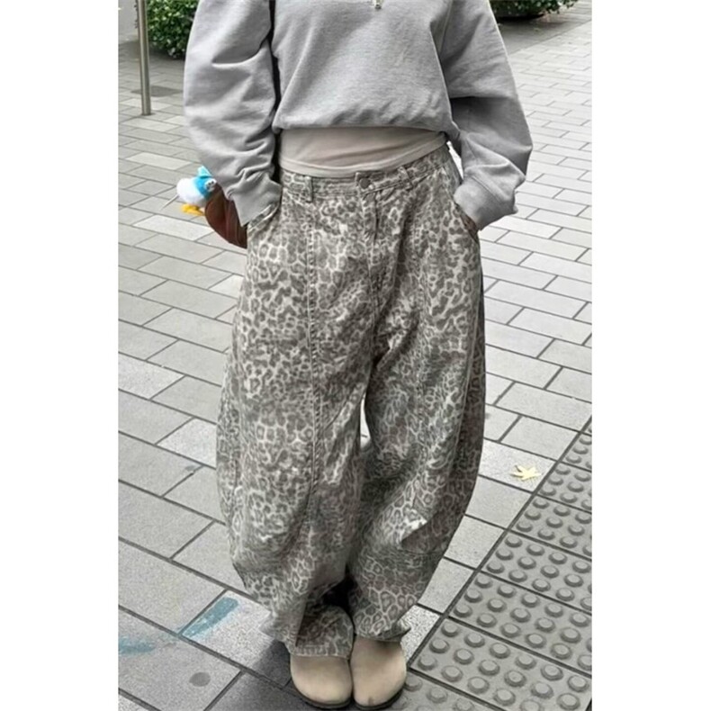 美式辣妹复古豹纹印花低腰牛仔裤女2025春款设计感宽松阔腿长裤潮图片