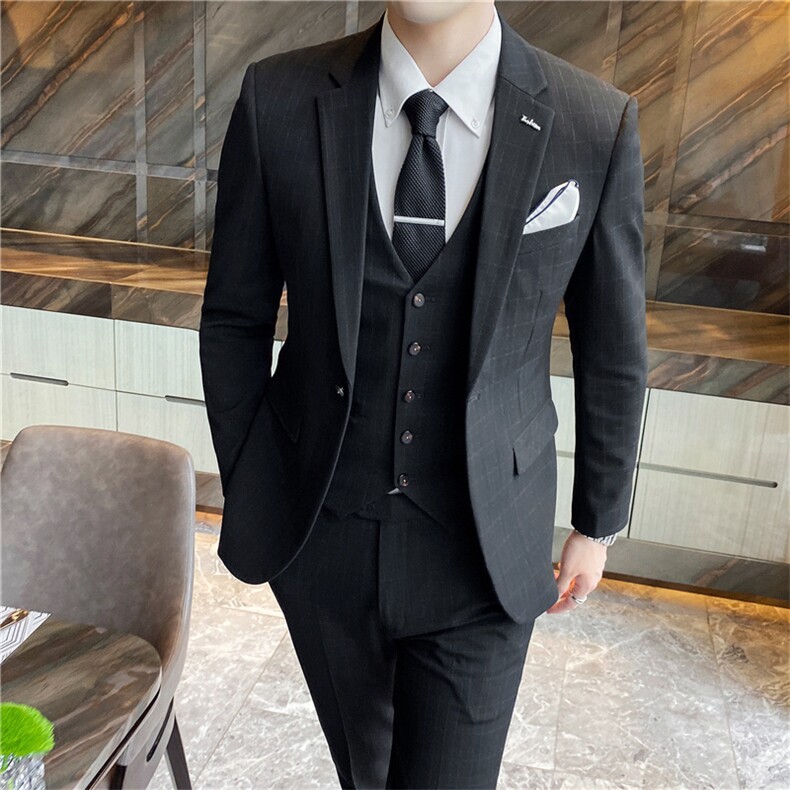 西服套装三件套男士商务休闲正装外套修身宴会结婚礼服格子小西装,男装西服套装,星座505-2（原电商A260-1)