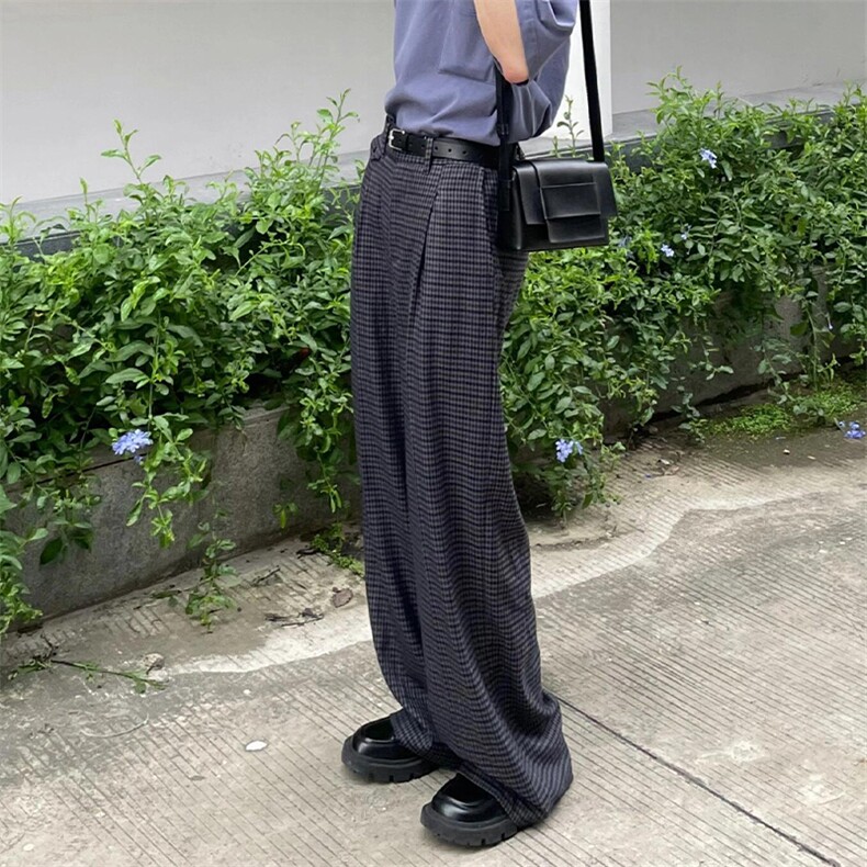 现货高品质老钱风美式弯刀阔腿裤薄款泡泡格纹男女长裤,男装休闲裤,星座610A-1