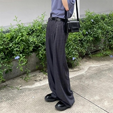 现货高品质老钱风美式弯刀阔腿裤薄款泡泡格纹男女长裤，男装休闲裤，星座610A-1