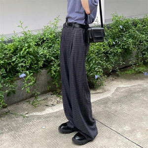 现货高品质老钱风美式弯刀阔腿裤薄款泡泡格纹男女长裤图片