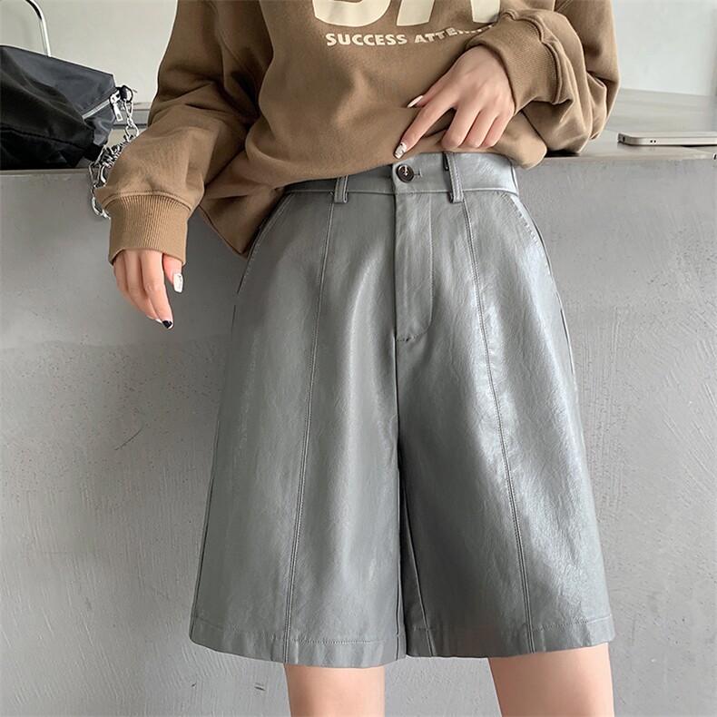 2024皮短裤女秋冬pu洗水皮裤高腰阔腿五分裤宽松显瘦靴裤直筒中裤,女装休闲裤,梦白服饰厂