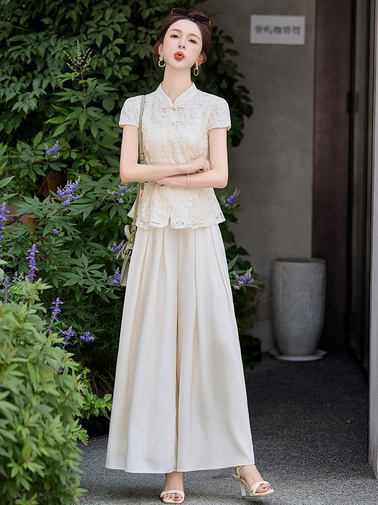 新中式国风蕾丝提花上衣阔腿裤两件套女2025夏季新款复古重工大气,女装套装/套裙,韩宇舍