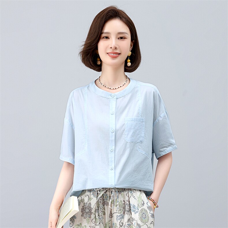 纯棉短袖衬衫女夏季2025年新款中年妈妈宽松休闲简约圆领衬衣上衣,女装衬衫,叶笙衣