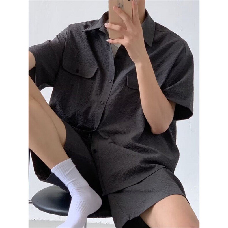 CP1216-P36日系复古短袖衬衫男女双口袋少泡泡纱工装衬衣,男装T恤,电商B323A