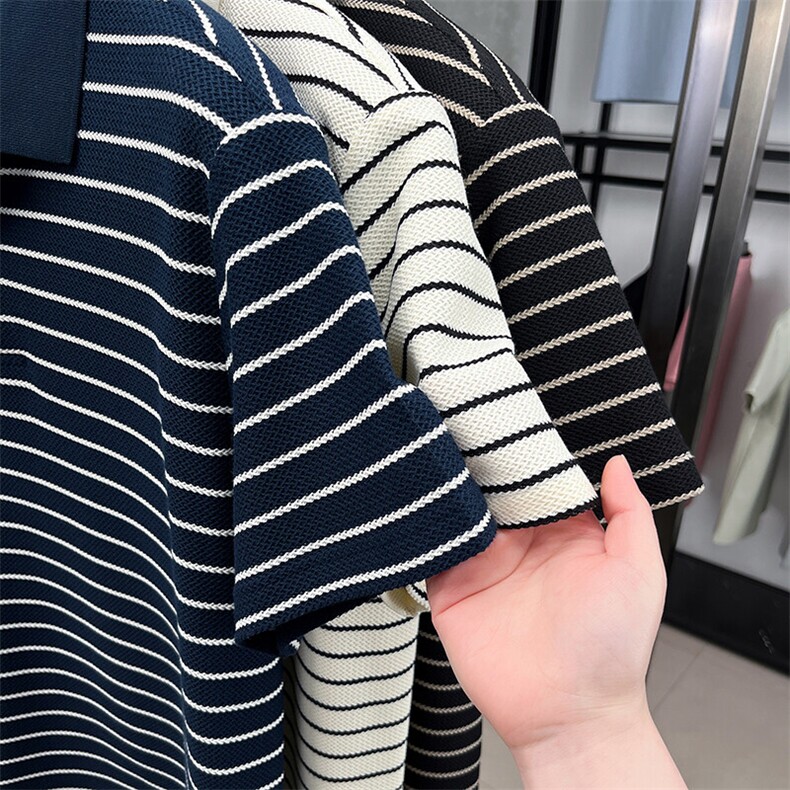 黑白条纹短袖t恤男2025新款夏装青年休闲潮流polo衫男上衣服翻领,男装T恤,电商B212（原钱塘6029）