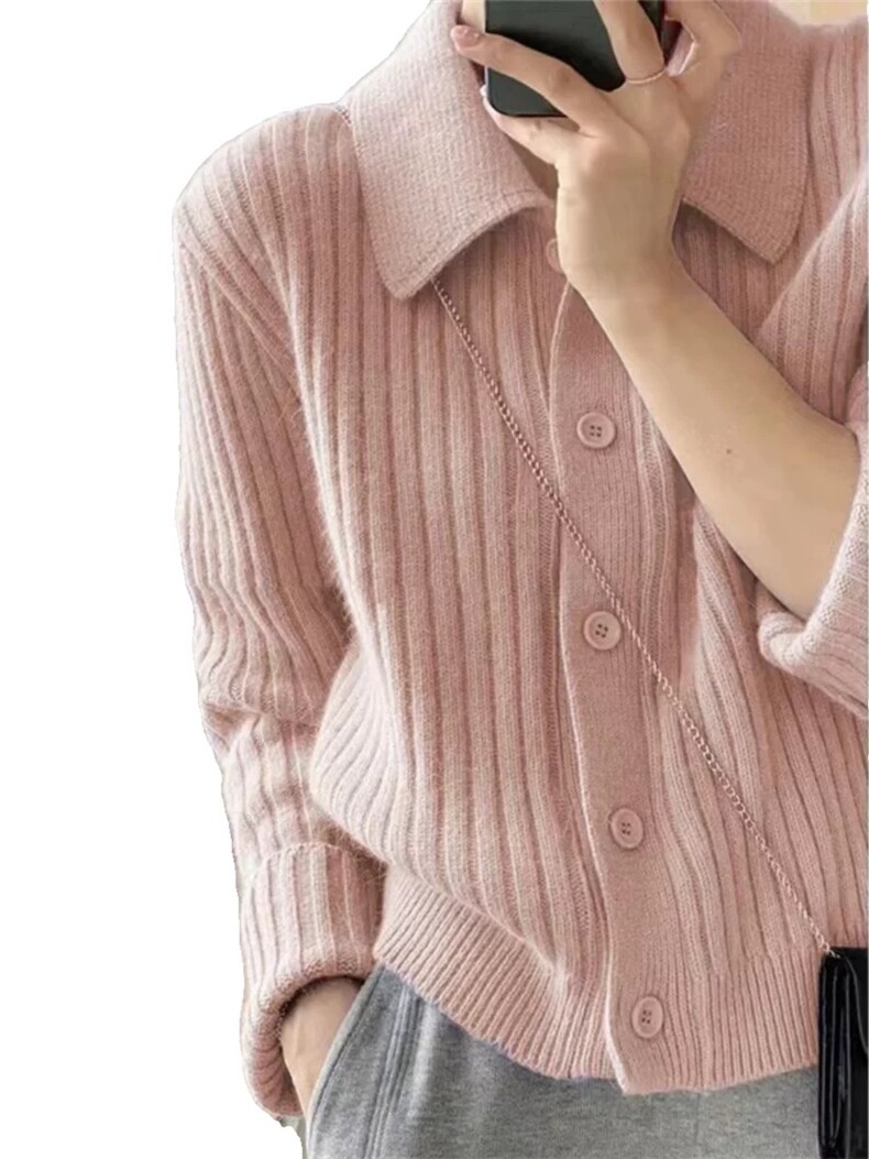 秋冬POLO领100%纯羊毛开衫女坑条加厚毛衣外套宽松慵懒羊绒衫上衣,针织衫/毛衣,恩泰羊绒