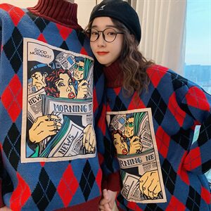 趣味漫画情侣宽松半高领毛衣男女韩版针织衫秋冬加厚T011图片