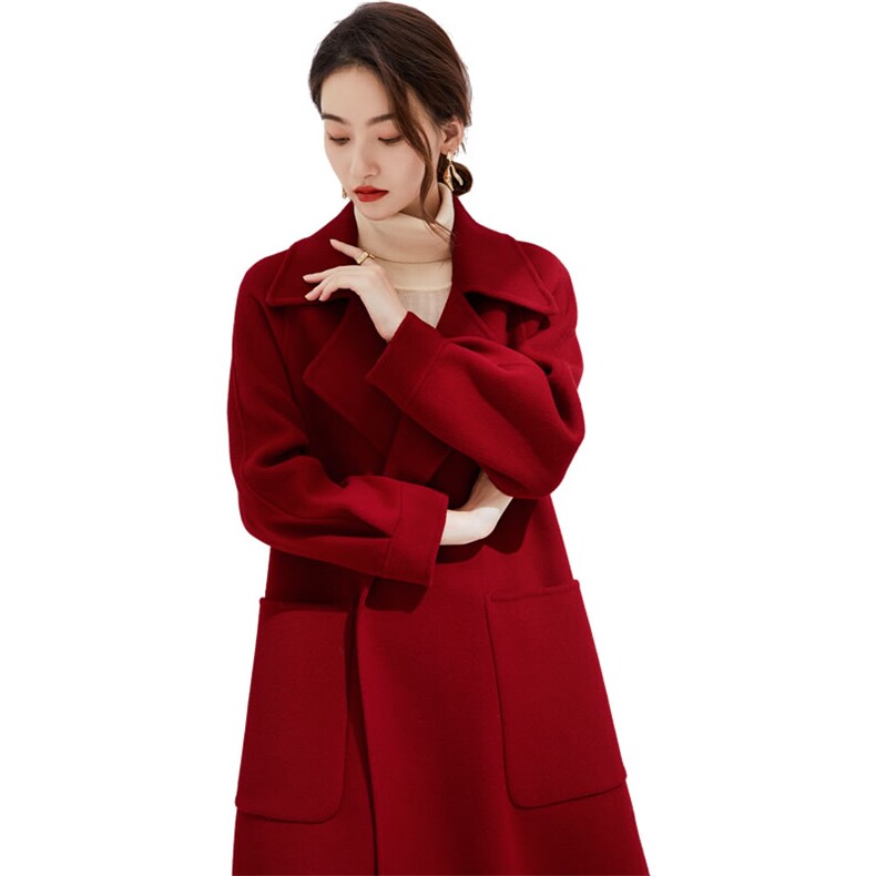 双面羊绒大衣女腰带系带中长款韩版西装领毛呢外套秋冬收腰显瘦,女装双面呢大衣,阿吉丽克