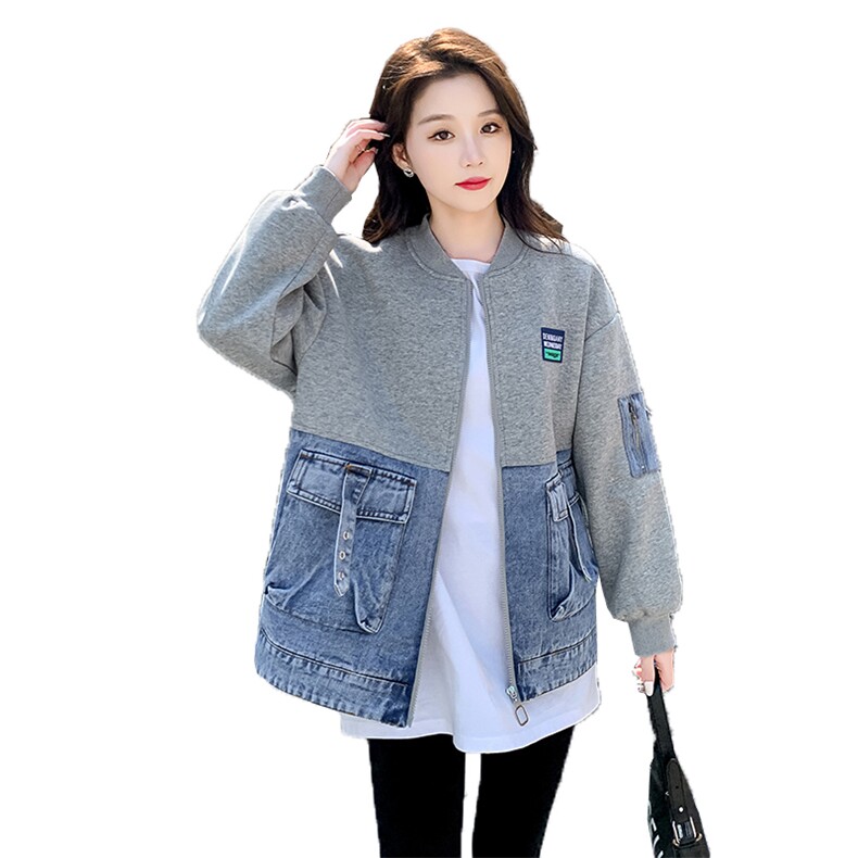 欧货牛仔拼接棒球服外套女2024春季新款韩版休闲卫衣夹克开衫上衣,女装短外套,悦祺