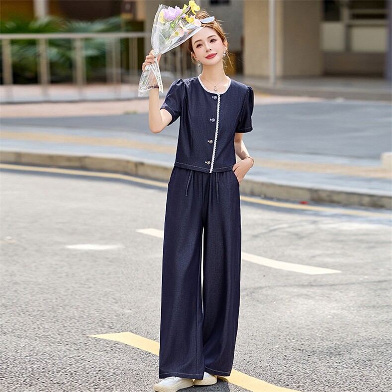 复古减龄天丝牛仔套装女2025夏季新款休闲短袖上衣阔腿长裤两件套,女装套装/套裙,芭米依尚