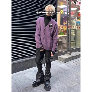 MY9802-P64 秋冬紫色V领开衫胸针毛衣男vintage慵懒风针织衫高街,男装针织衫/毛衣,电商B323A