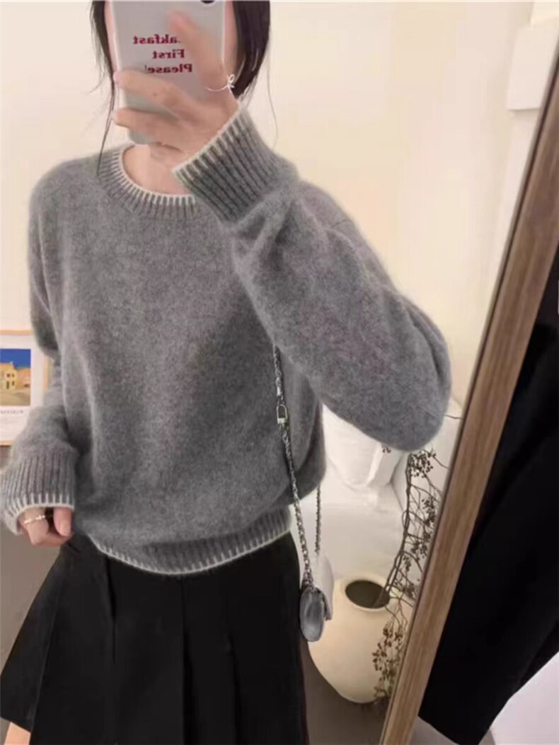 美丽诺羊毛衫女圆领灰色毛衣24秋冬新款欧货高端针织打底,女装羊毛衫,千御纺羊绒