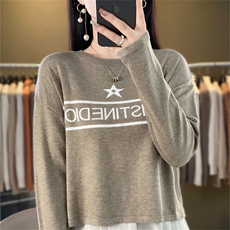 时尚百搭黑色星星图案羊毛针织衫显瘦修身长袖毛衣女款，女装针织衫/毛衣，暖姿羊绒