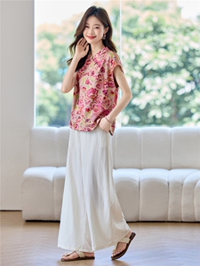 新中式套装女2026夏季新款时尚复古印花盘扣上衣阔腿裤两件套图片