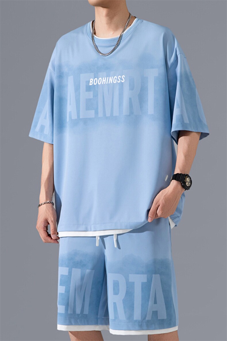2025夏季新款无影墙大码冰丝印花短袖套装M-5XHQ24502-特P55,男装休闲套装,电商A022